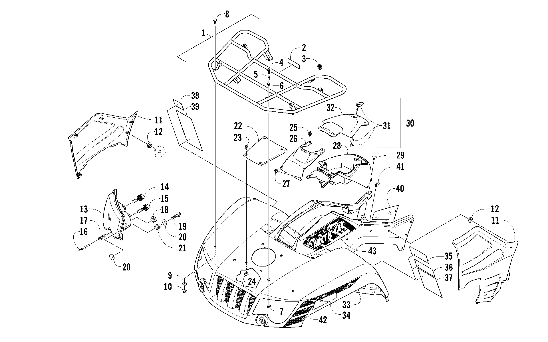 Передняя часть RACK, BODY PANEL, AND HEADLIGHT ASSEMBLIES [95011]