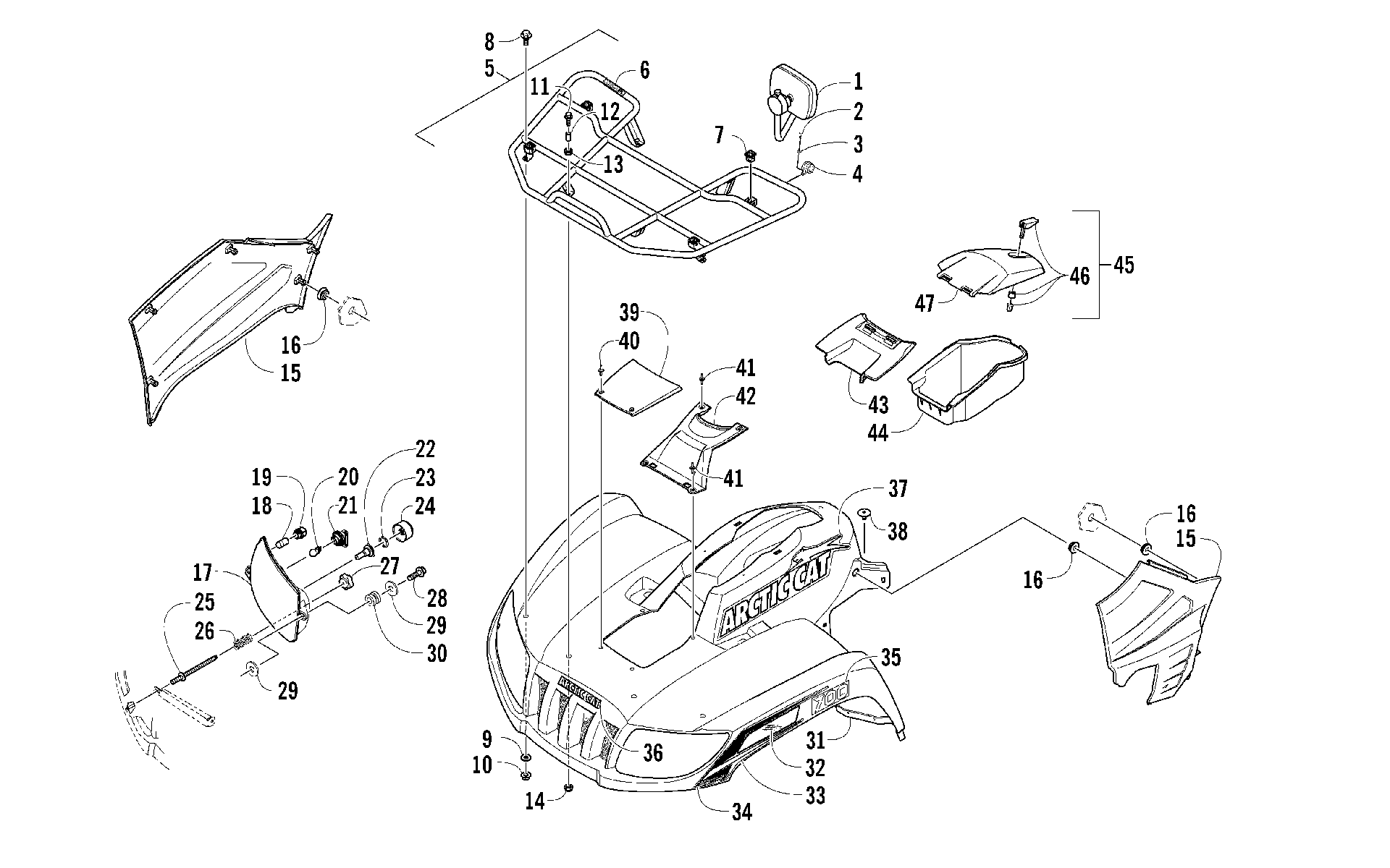 Передняя часть RACK, BODY PANEL, AND HEADLIGHT ASSEMBLIES [97589]