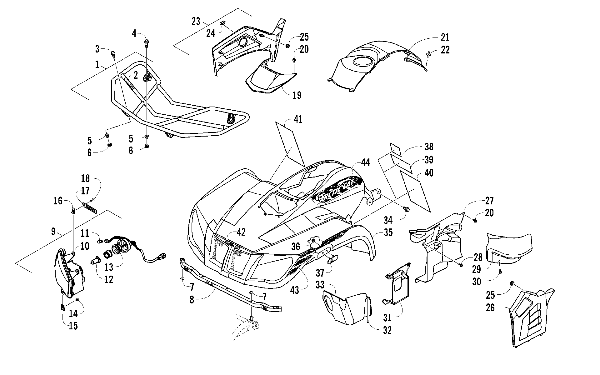 Передняя часть RACK, BODY PANEL, AND HEADLIGHT ASSEMBLIES [96387]