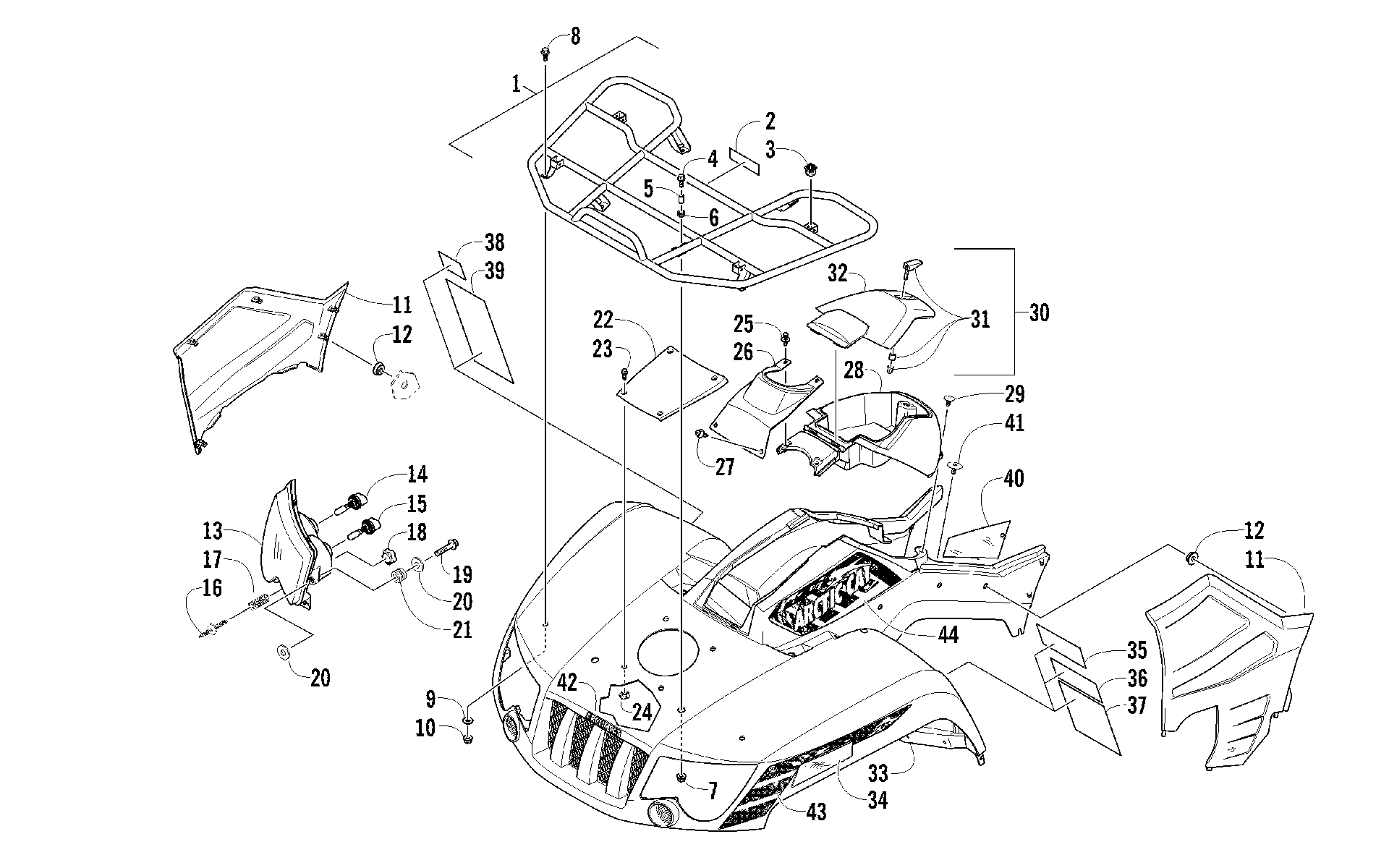Передняя часть RACK, BODY PANEL, AND HEADLIGHT ASSEMBLIES [94492]