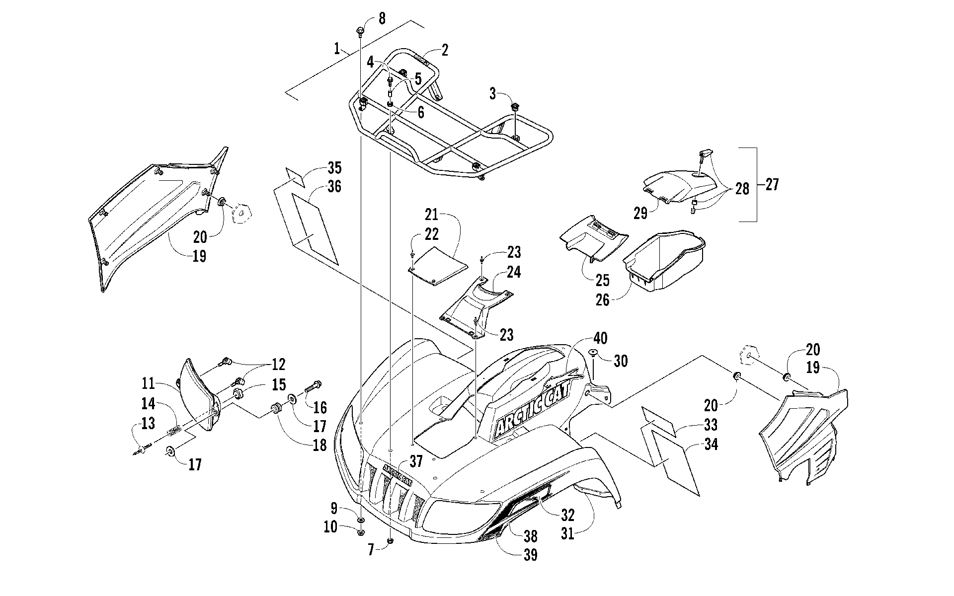 Передняя часть RACK, BODY PANEL, AND HEADLIGHT ASSEMBLIES [97719]