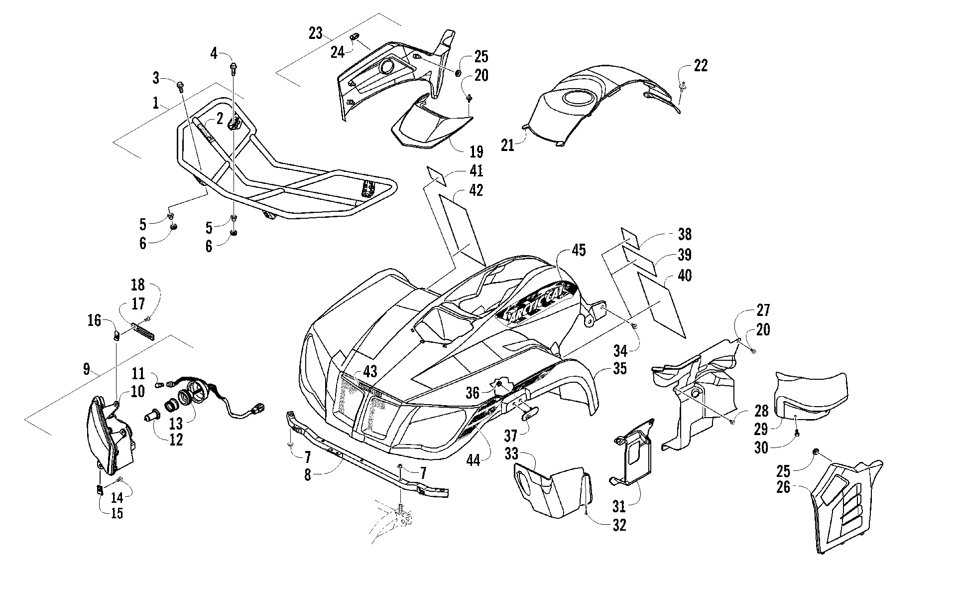 Передняя часть RACK, BODY PANEL, AND HEADLIGHT ASSEMBLIES [95047]
