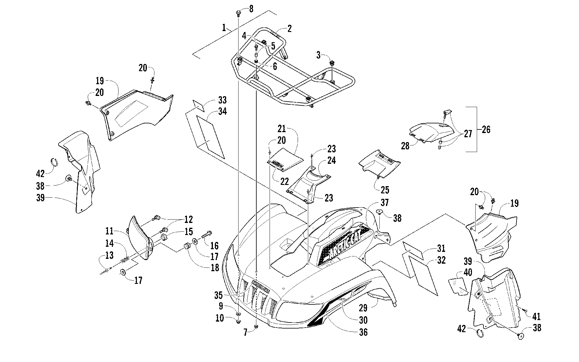 Передняя часть RACK, BODY PANEL, AND HEADLIGHT ASSEMBLIES [95023]