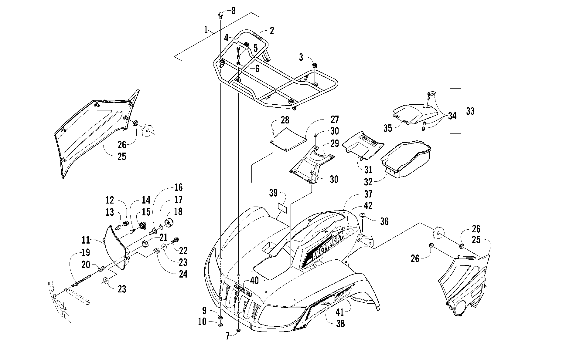 Передняя часть RACK, BODY PANEL, AND HEADLIGHT ASSEMBLIES [95934]