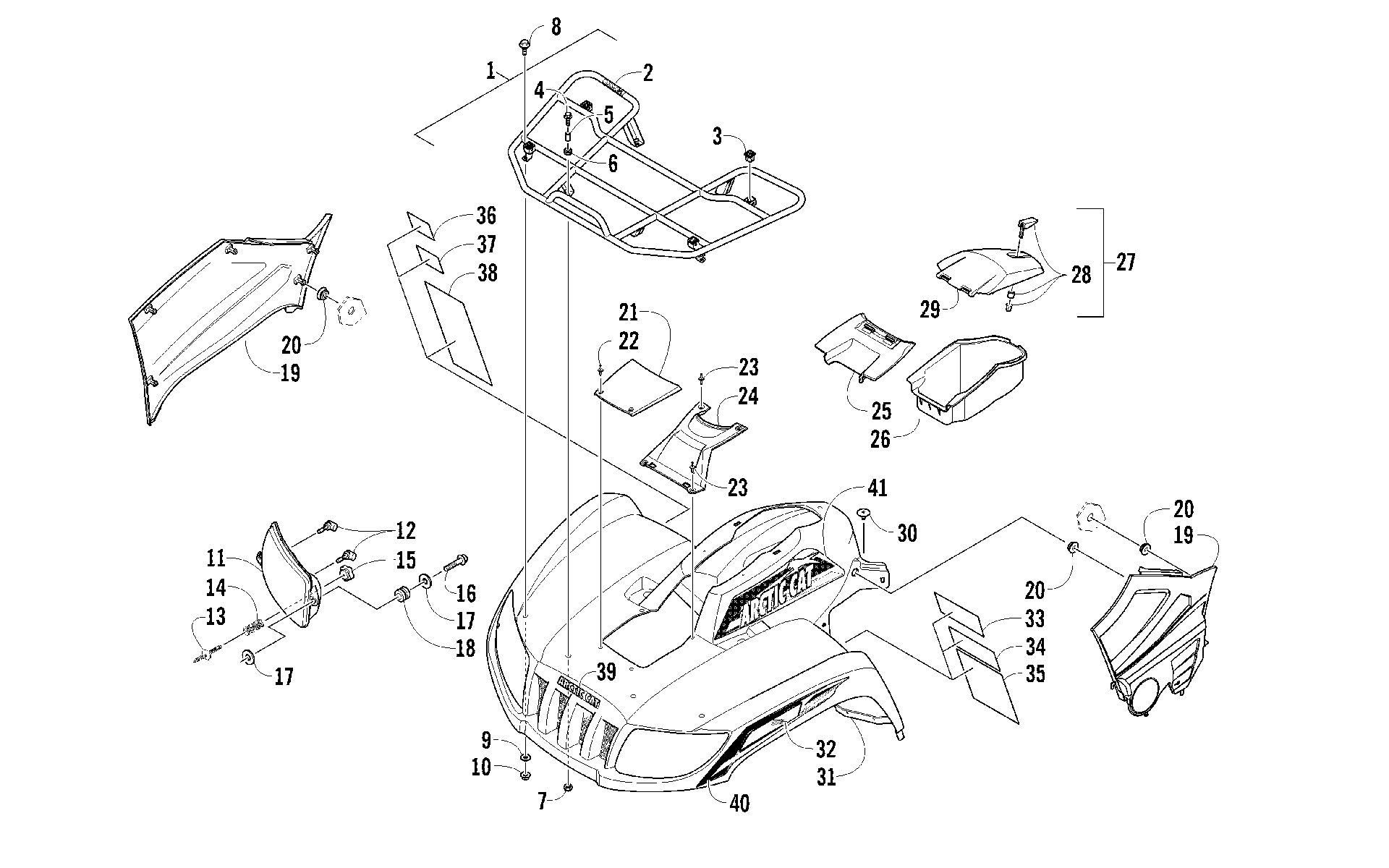 Передняя часть RACK, BODY PANEL, AND HEADLIGHT ASSEMBLIES [95073]