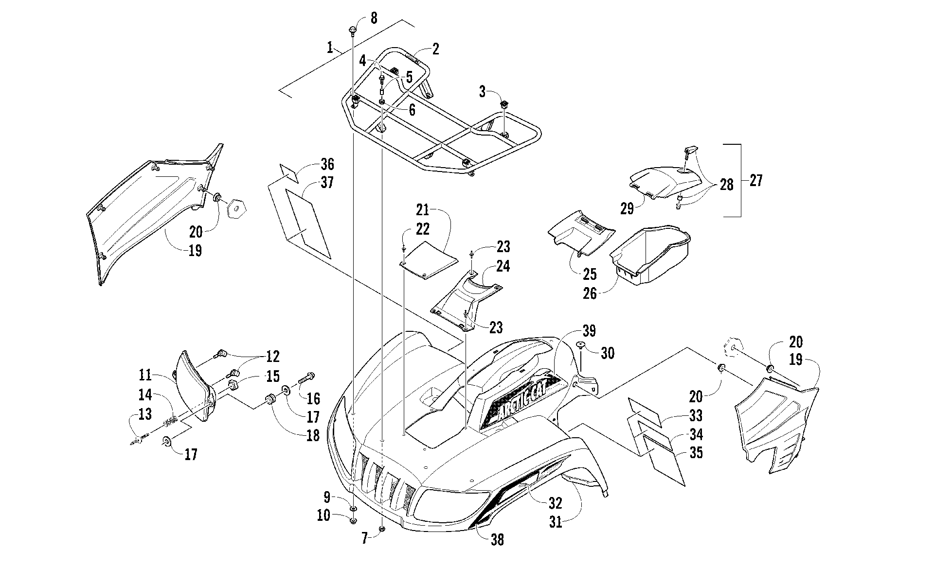 Передняя часть RACK, BODY PANEL, AND HEADLIGHT ASSEMBLIES [94468]