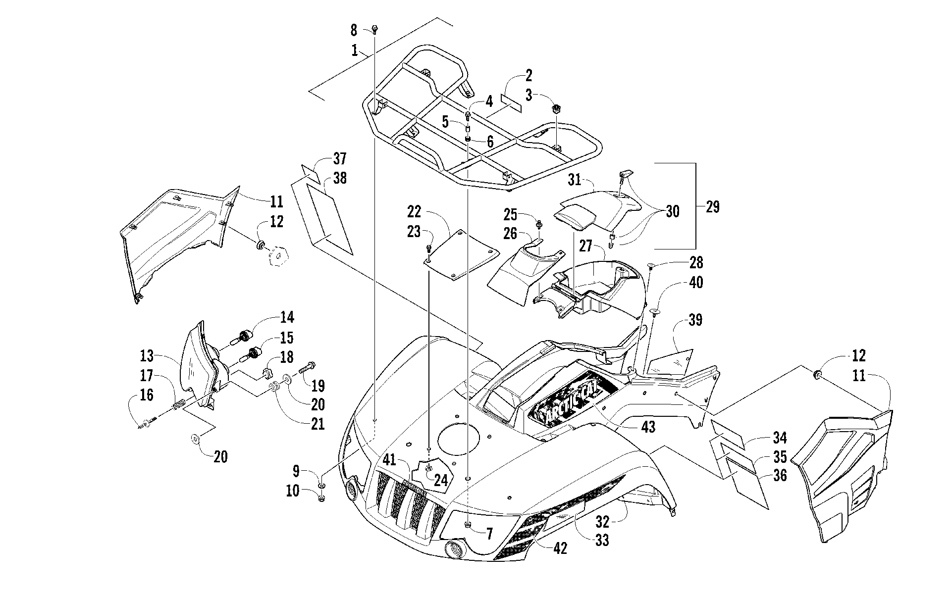 Передняя часть RACK, BODY PANEL, AND HEADLIGHT ASSEMBLIES [94952]