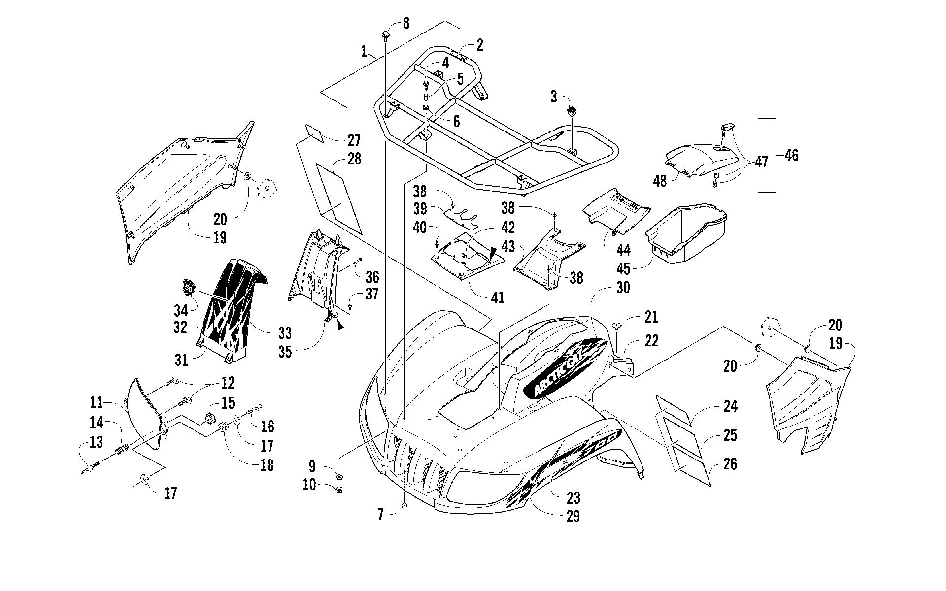 Передняя часть RACK, BODY PANEL, AND HEADLIGHT ASSEMBLIES [94557]
