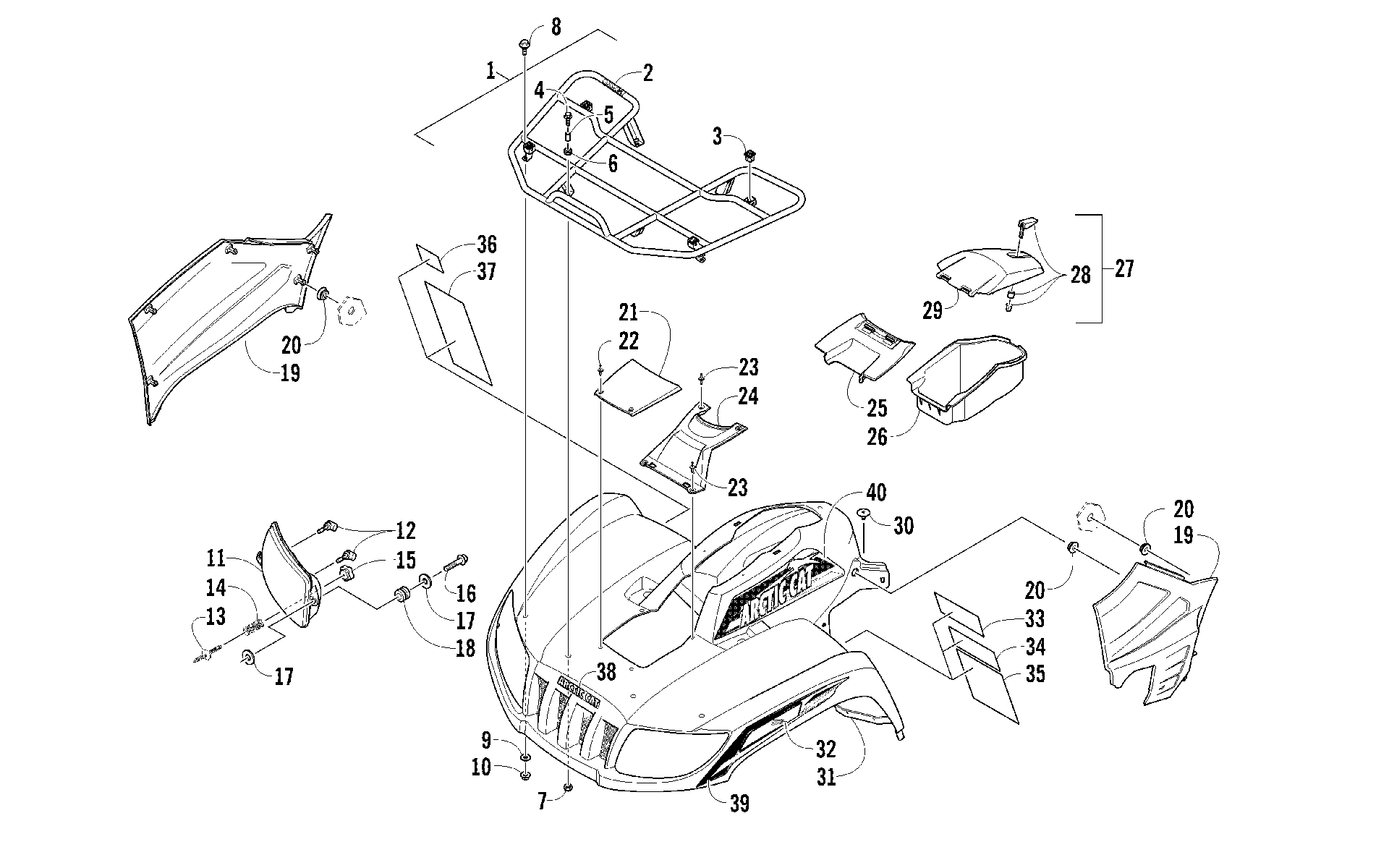 Передняя часть RACK, BODY PANEL, AND HEADLIGHT ASSEMBLIES [94442]