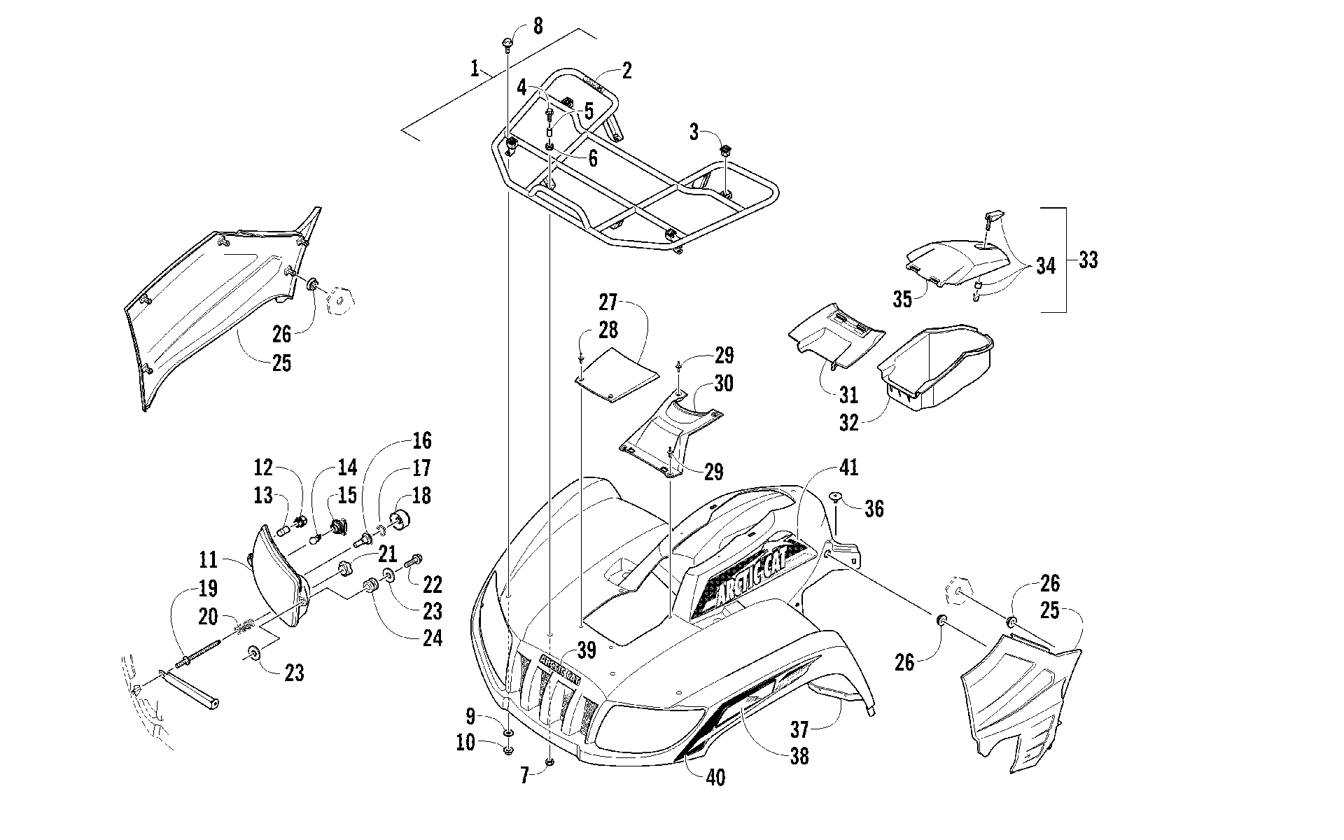 Передняя часть RACK, BODY PANEL, AND HEADLIGHT ASSEMBLIES [95919]