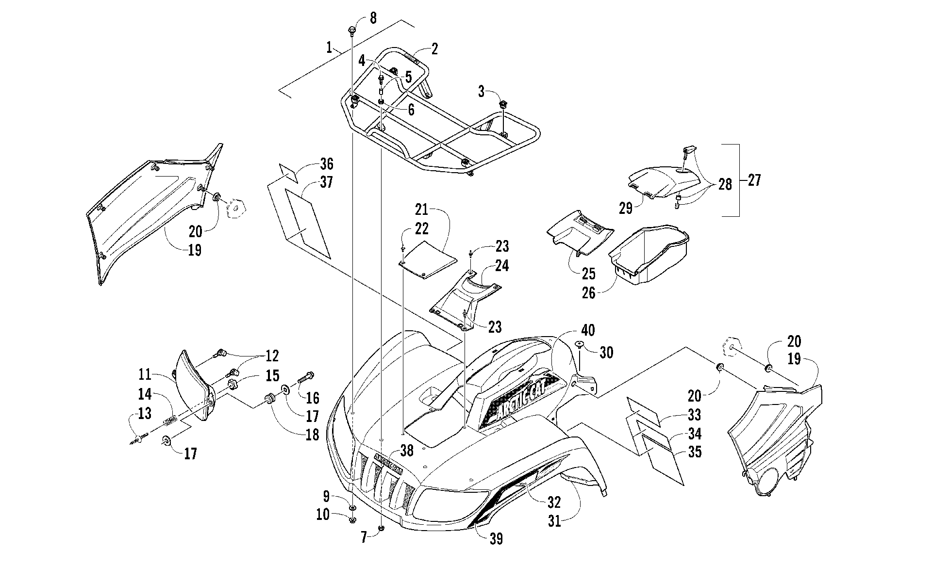 Передняя часть RACK, BODY PANEL, AND HEADLIGHT ASSEMBLIES [96286]