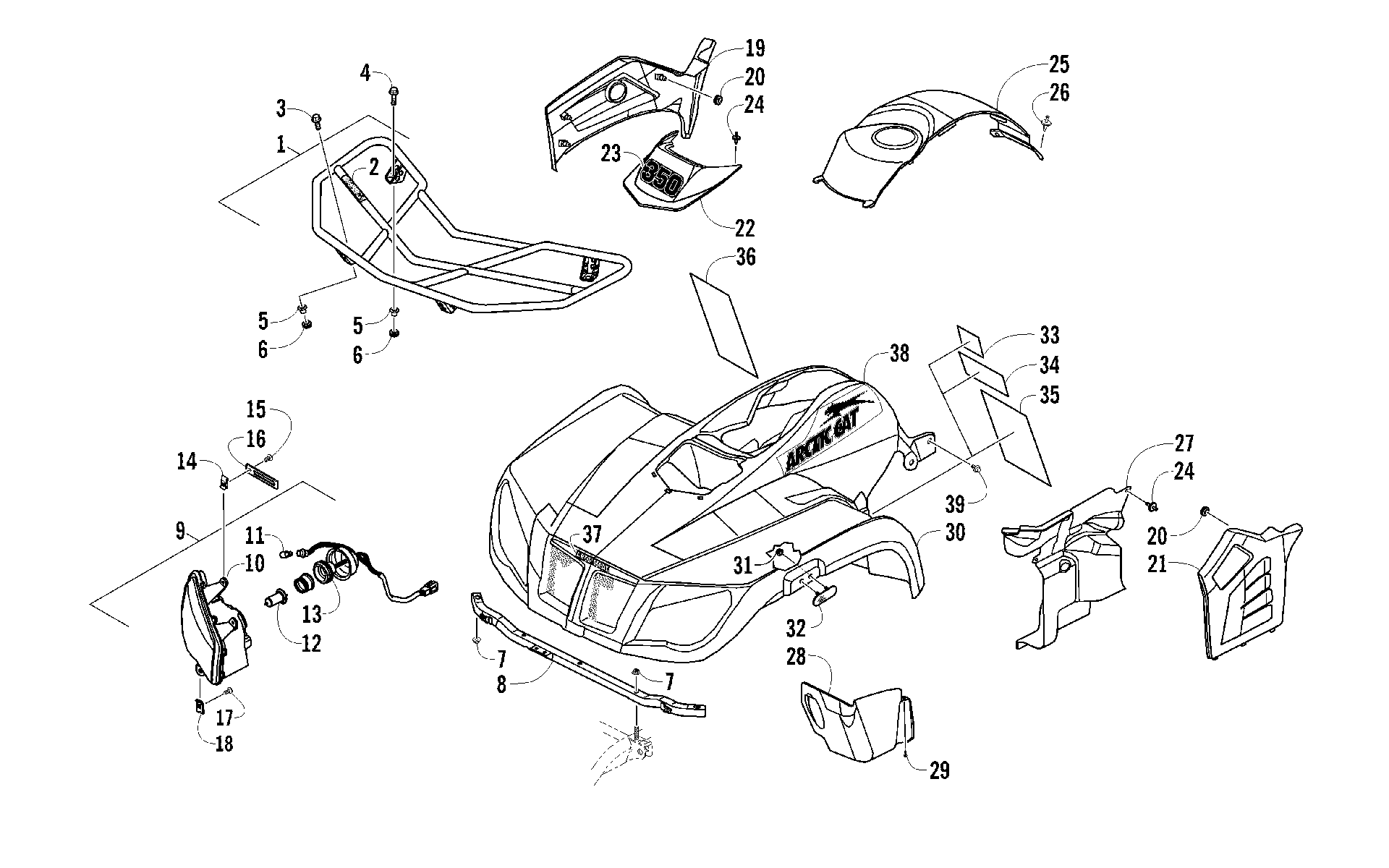 Передняя часть RACK, BODY PANEL, AND HEADLIGHT ASSEMBLIES [96058]