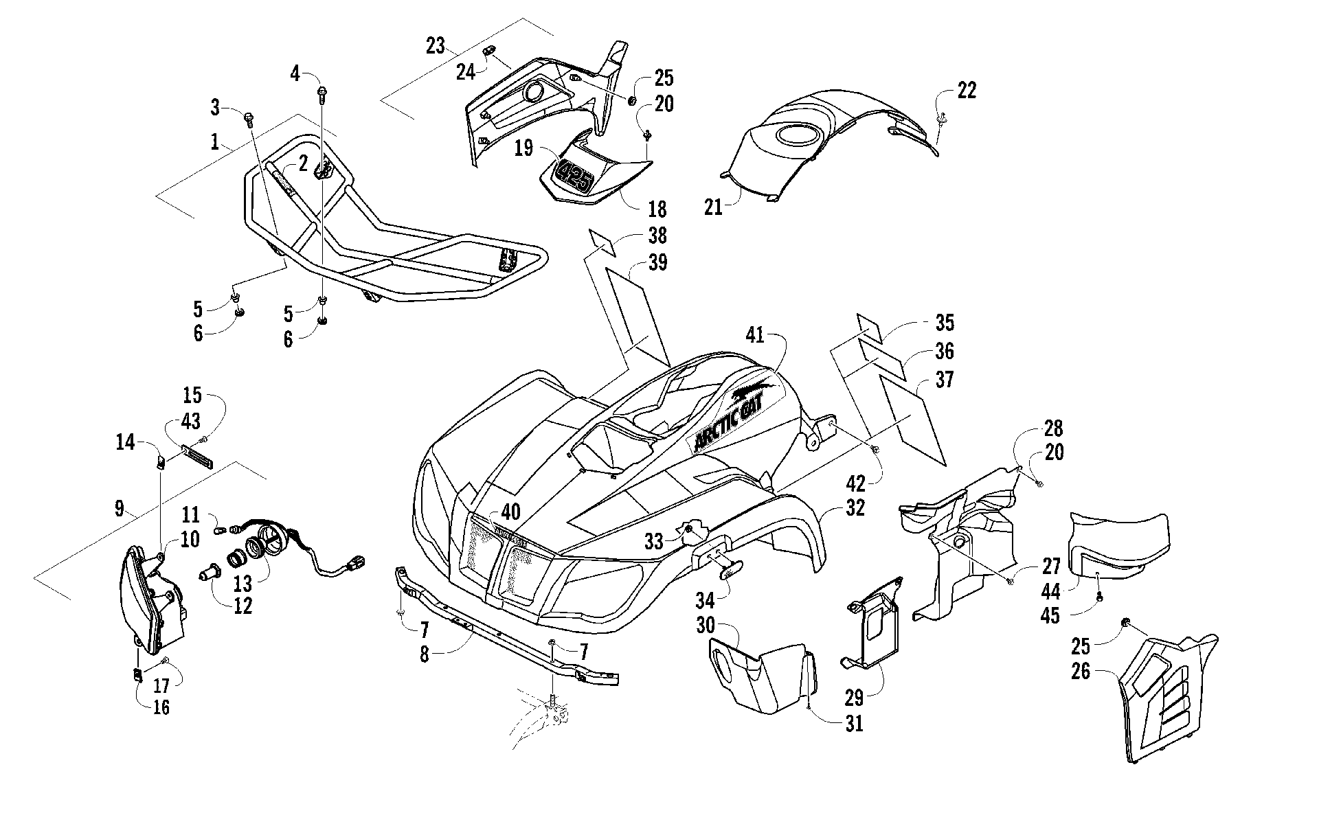Передняя часть RACK, BODY PANEL, AND HEADLIGHT ASSEMBLIES [94301]