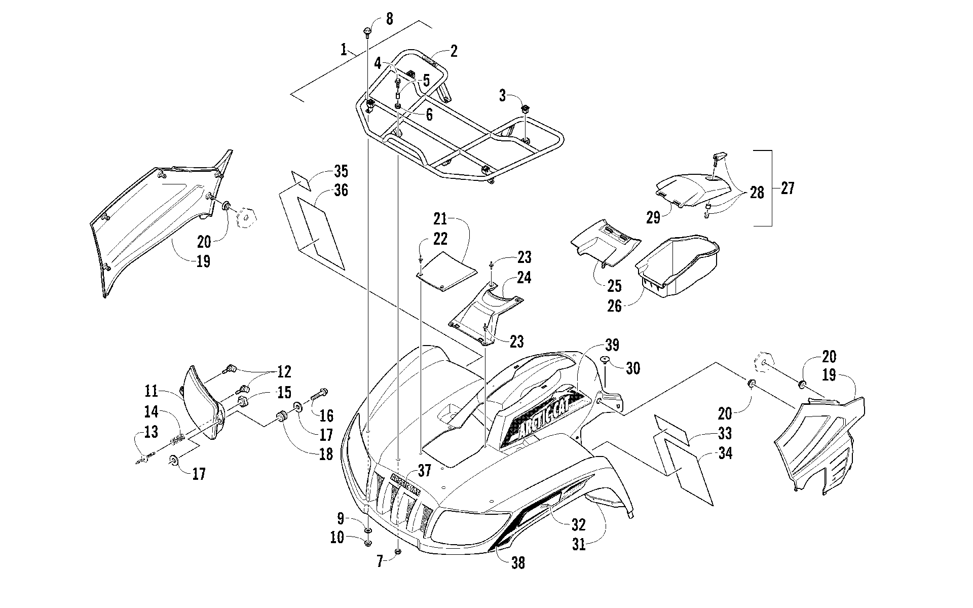 Передняя часть RACK, BODY PANEL, AND HEADLIGHT ASSEMBLIES [94730]