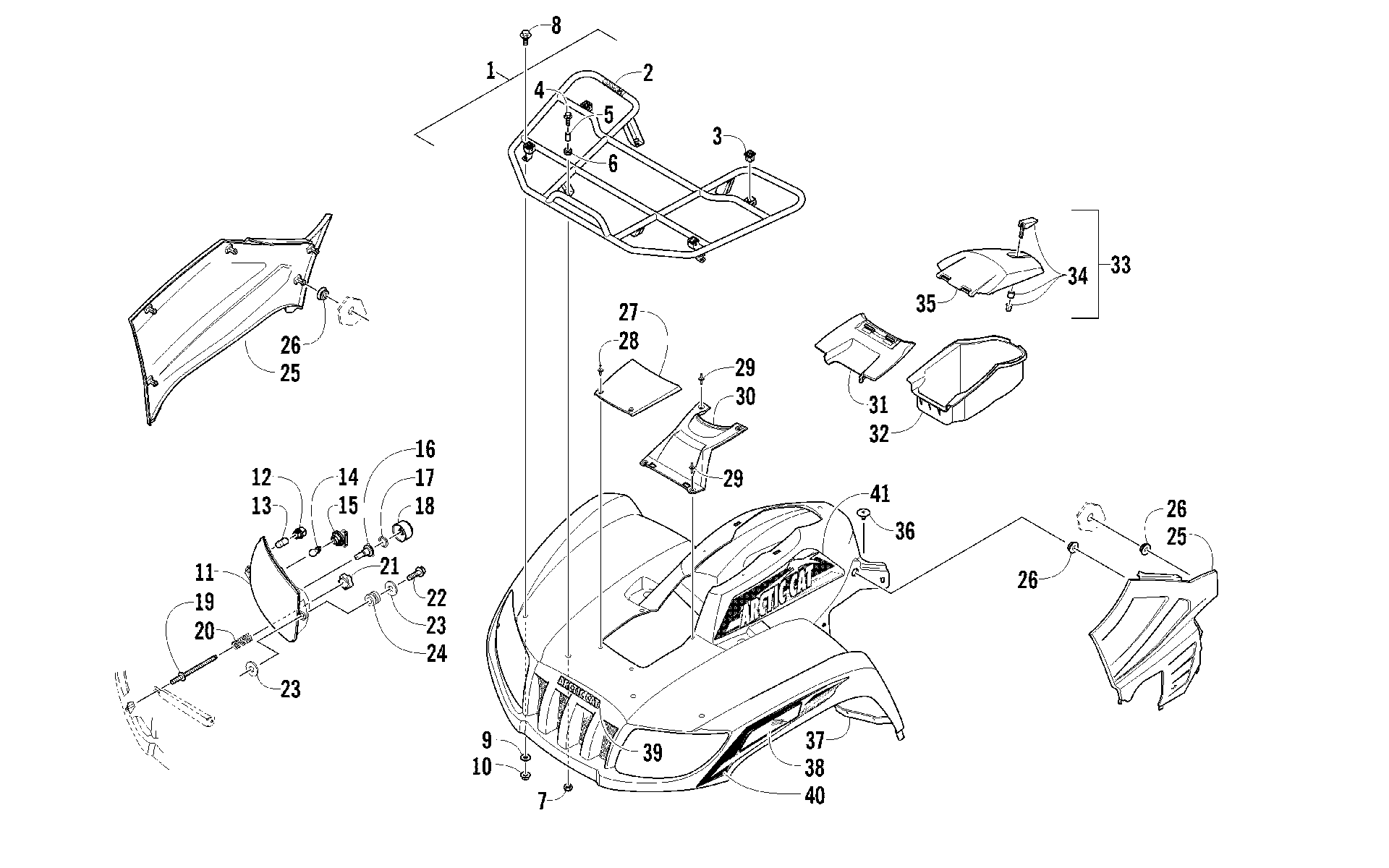 Передняя часть RACK, BODY PANEL, AND HEADLIGHT ASSEMBLIES [95953]