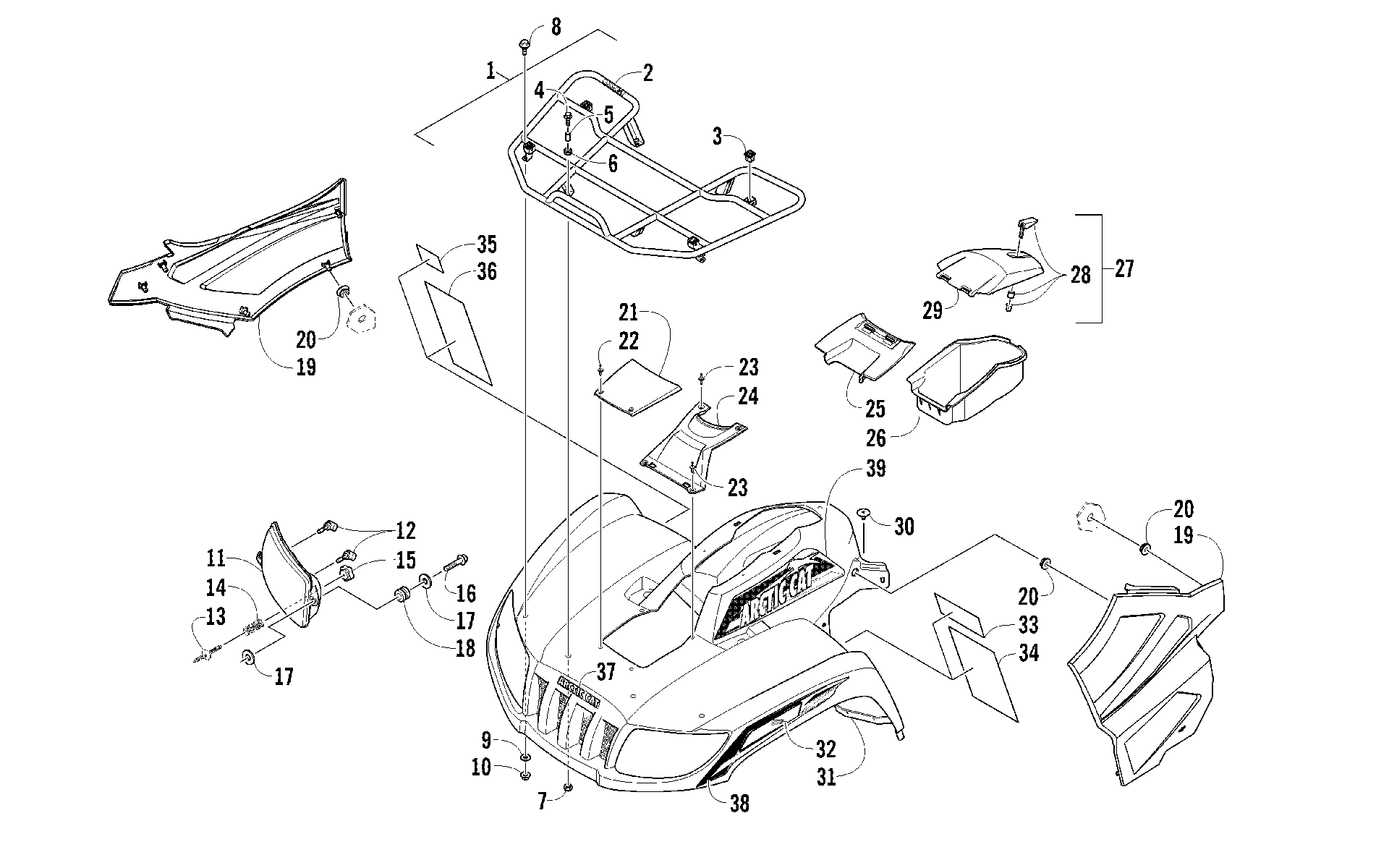 Передняя часть RACK, BODY PANEL, AND HEADLIGHT ASSEMBLIES [95105]