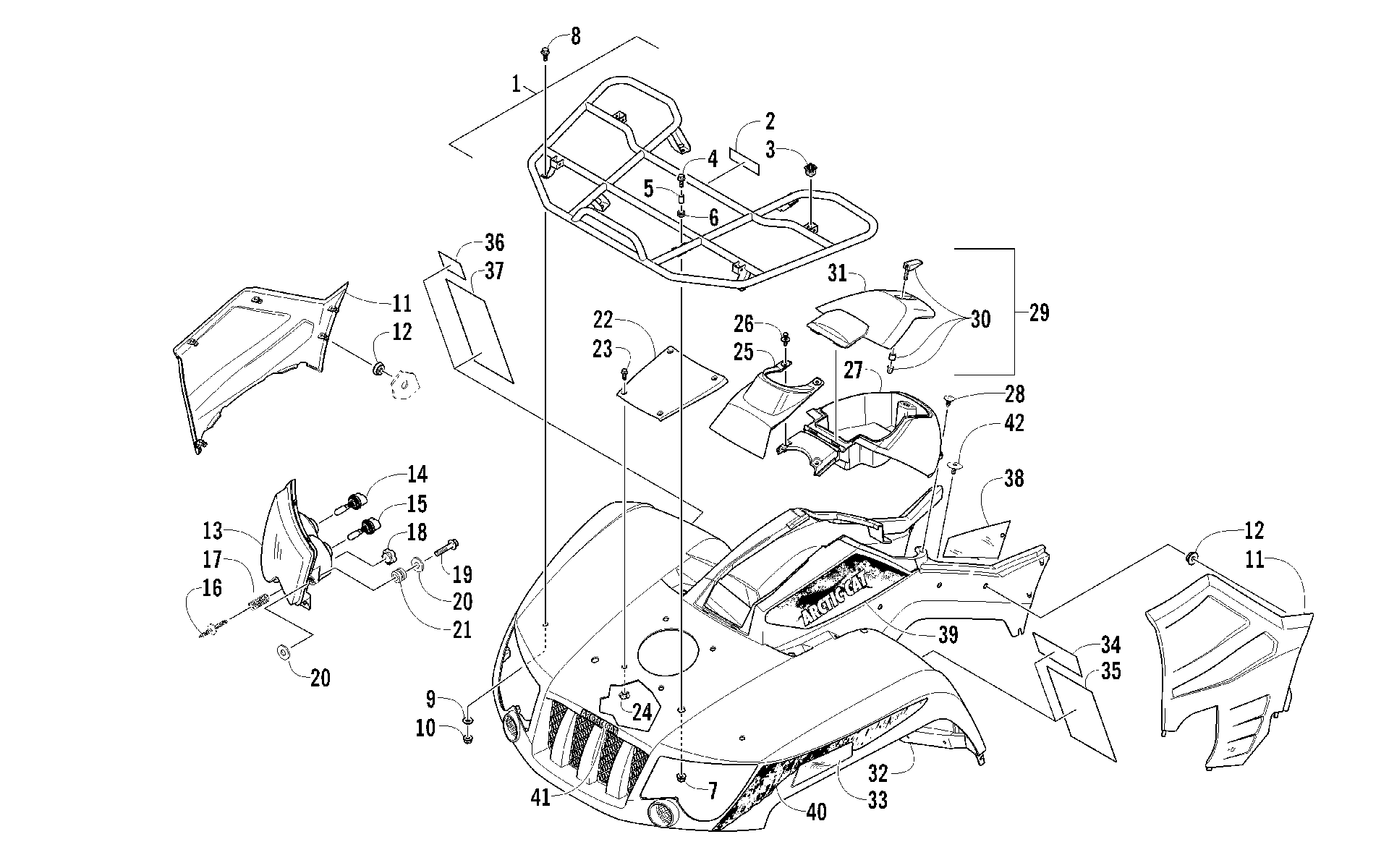 Передняя часть RACK, BODY PANEL, AND HEADLIGHT ASSEMBLIES [93155]