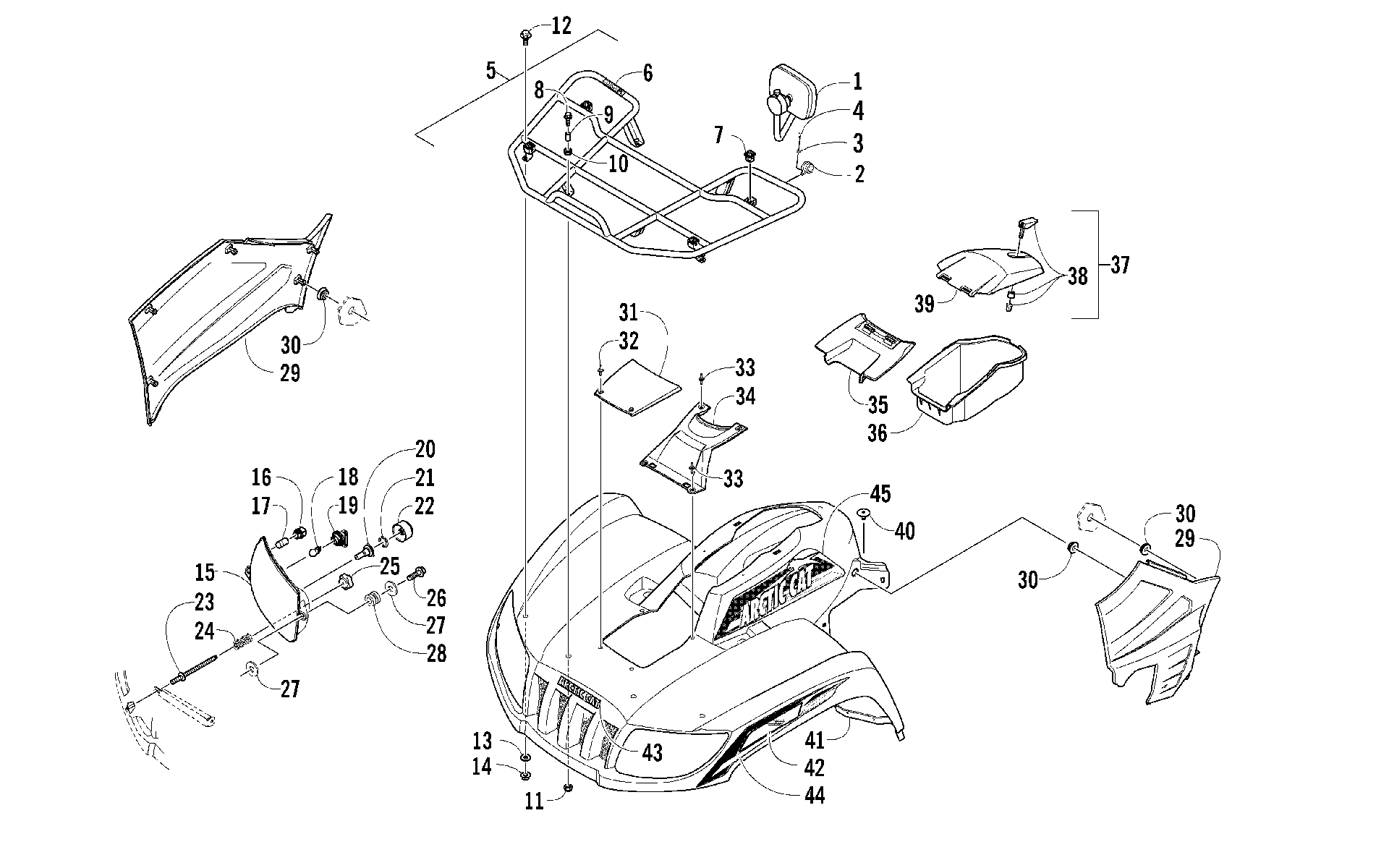 Передняя часть RACK, BODY PANEL, AND HEADLIGHT ASSEMBLIES [96475]