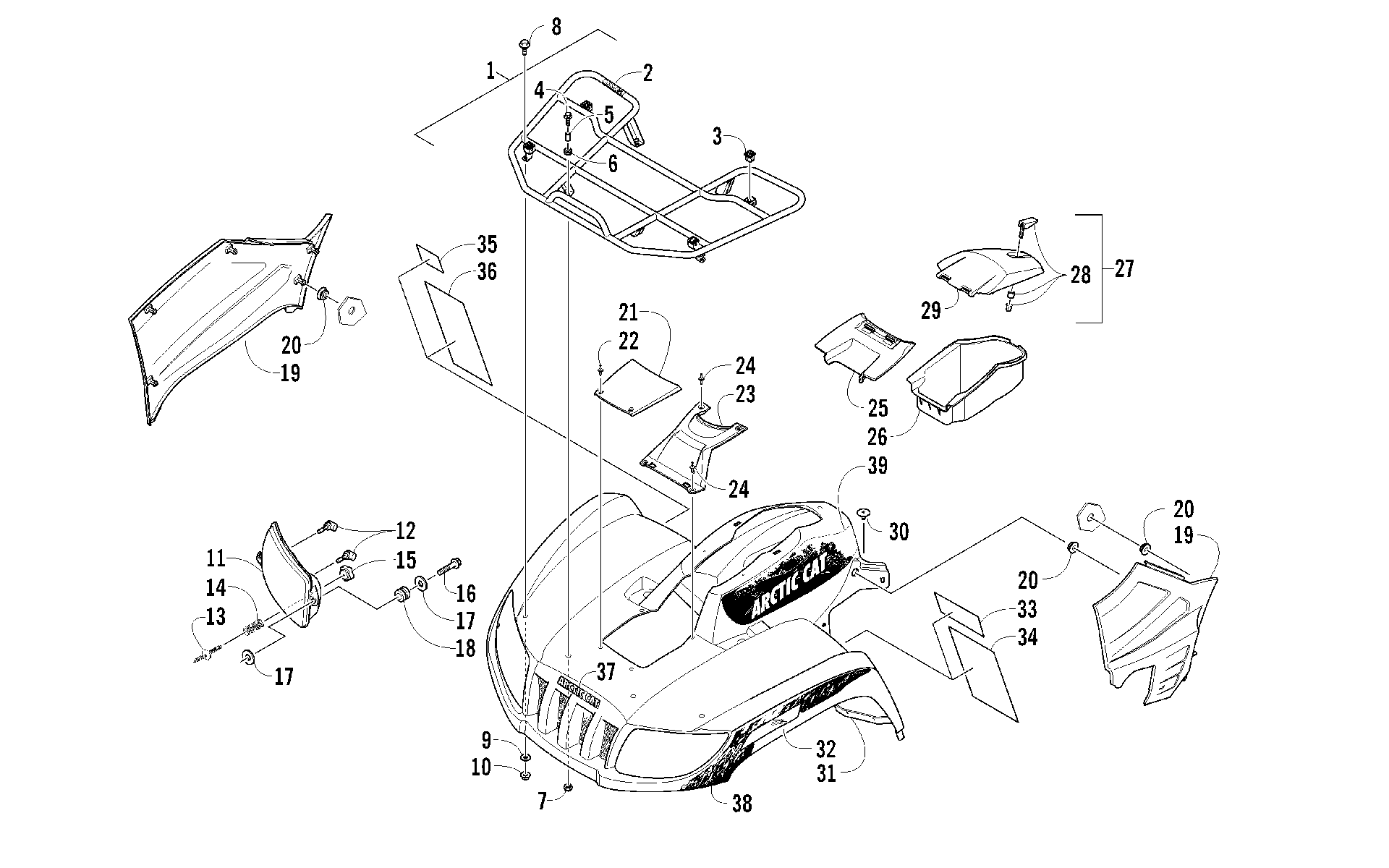 Передняя часть RACK, BODY PANEL, AND HEADLIGHT ASSEMBLIES [93626]
