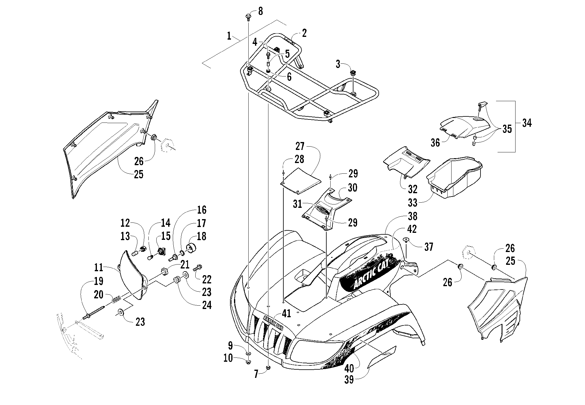 Передняя часть RACK, BODY PANEL, AND HEADLIGHT ASSEMBLIES [96140]