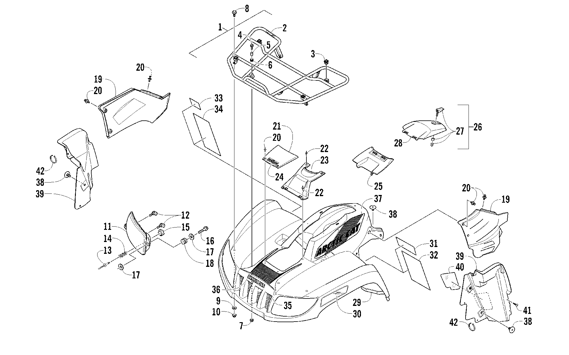 Передняя часть RACK, BODY PANEL, AND HEADLIGHT ASSEMBLIES [94166]