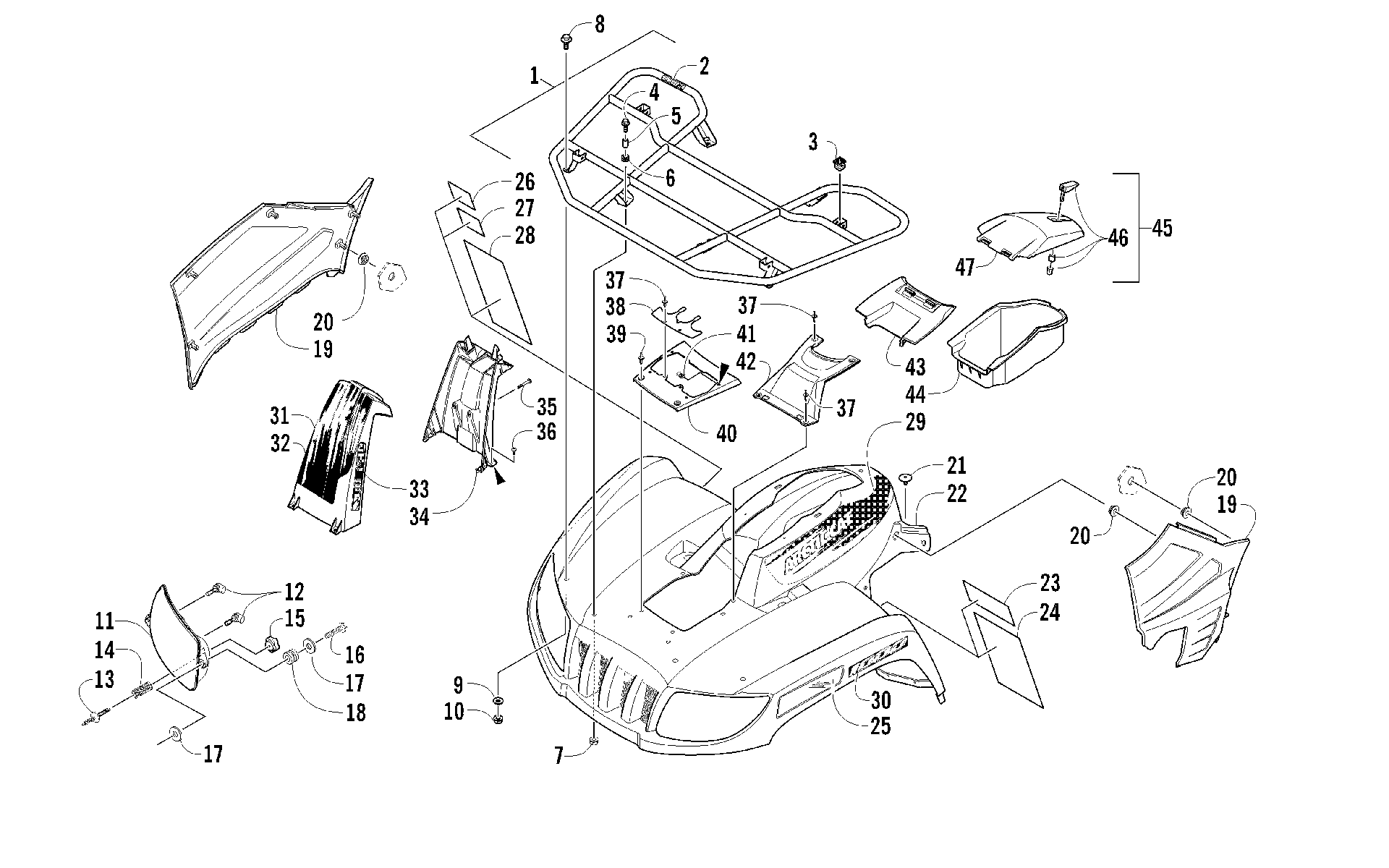 Передняя часть RACK, BODY PANEL, AND HEADLIGHT ASSEMBLIES [93637]
