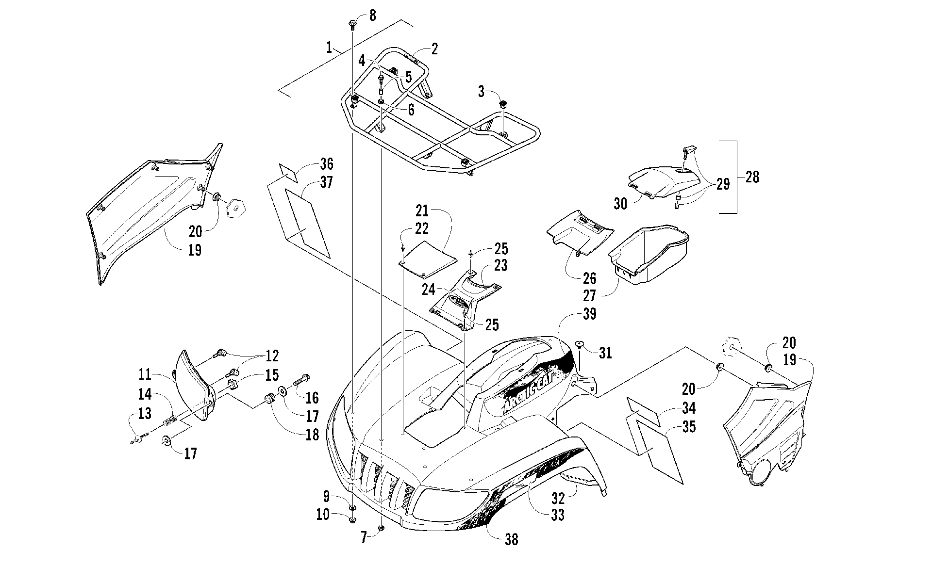 Передняя часть RACK, BODY PANEL, AND HEADLIGHT ASSEMBLIES [93935]
