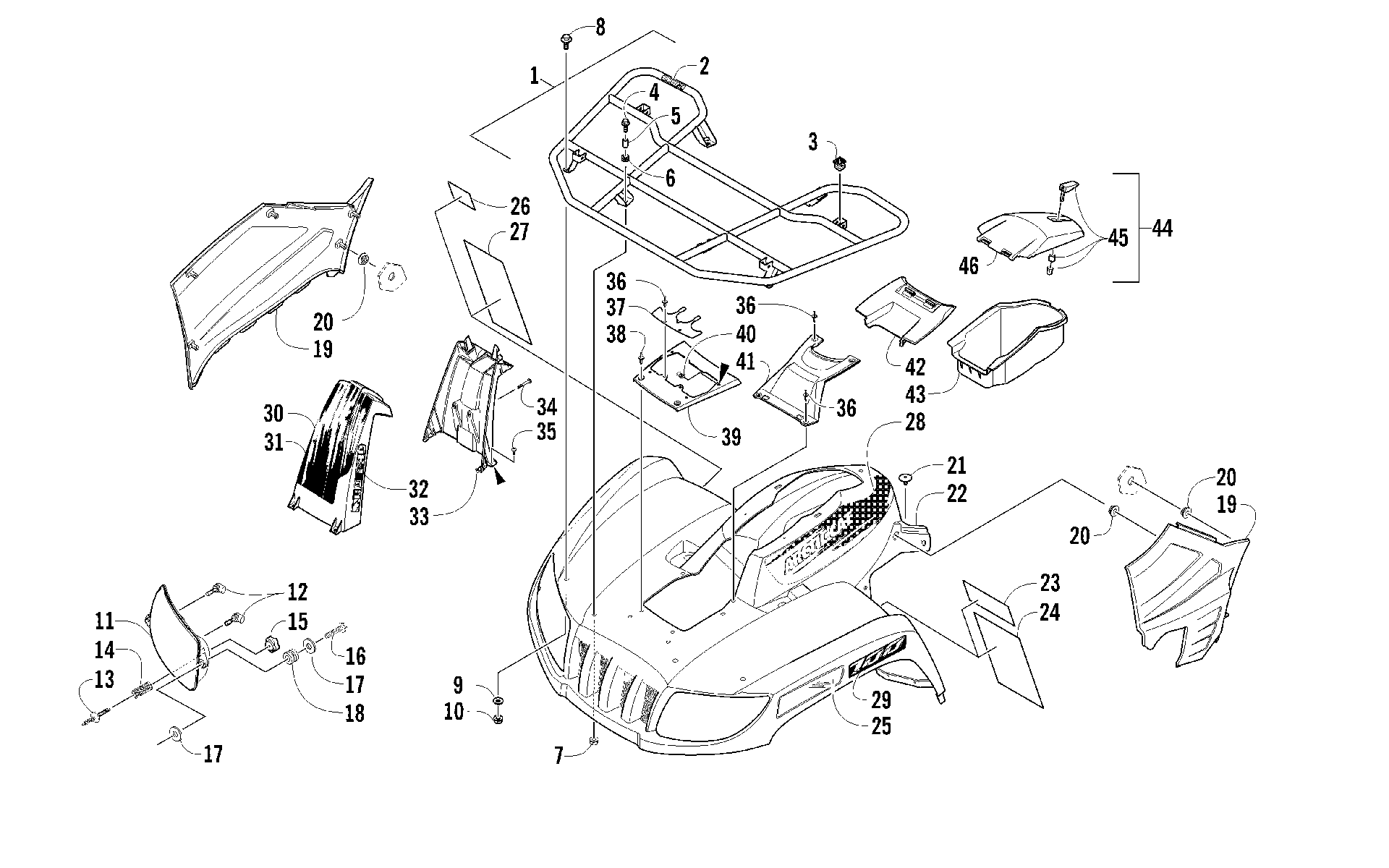 Передняя часть RACK, BODY PANEL, AND HEADLIGHT ASSEMBLIES [93877]