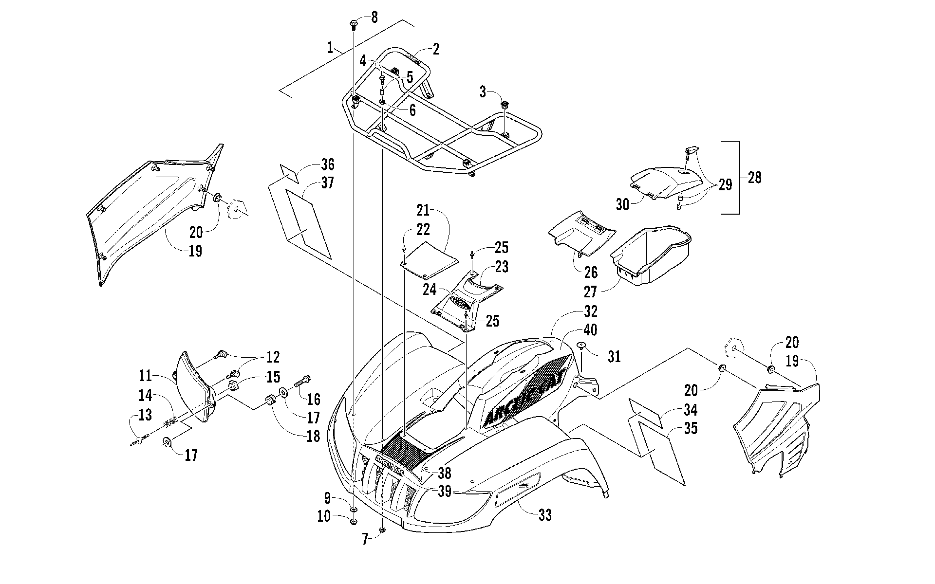 Передняя часть RACK, BODY PANEL, AND HEADLIGHT ASSEMBLIES [93376]