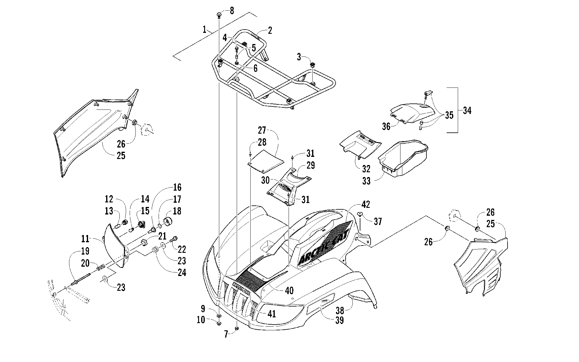 Передняя часть RACK, BODY PANEL, AND HEADLIGHT ASSEMBLIES [96159]