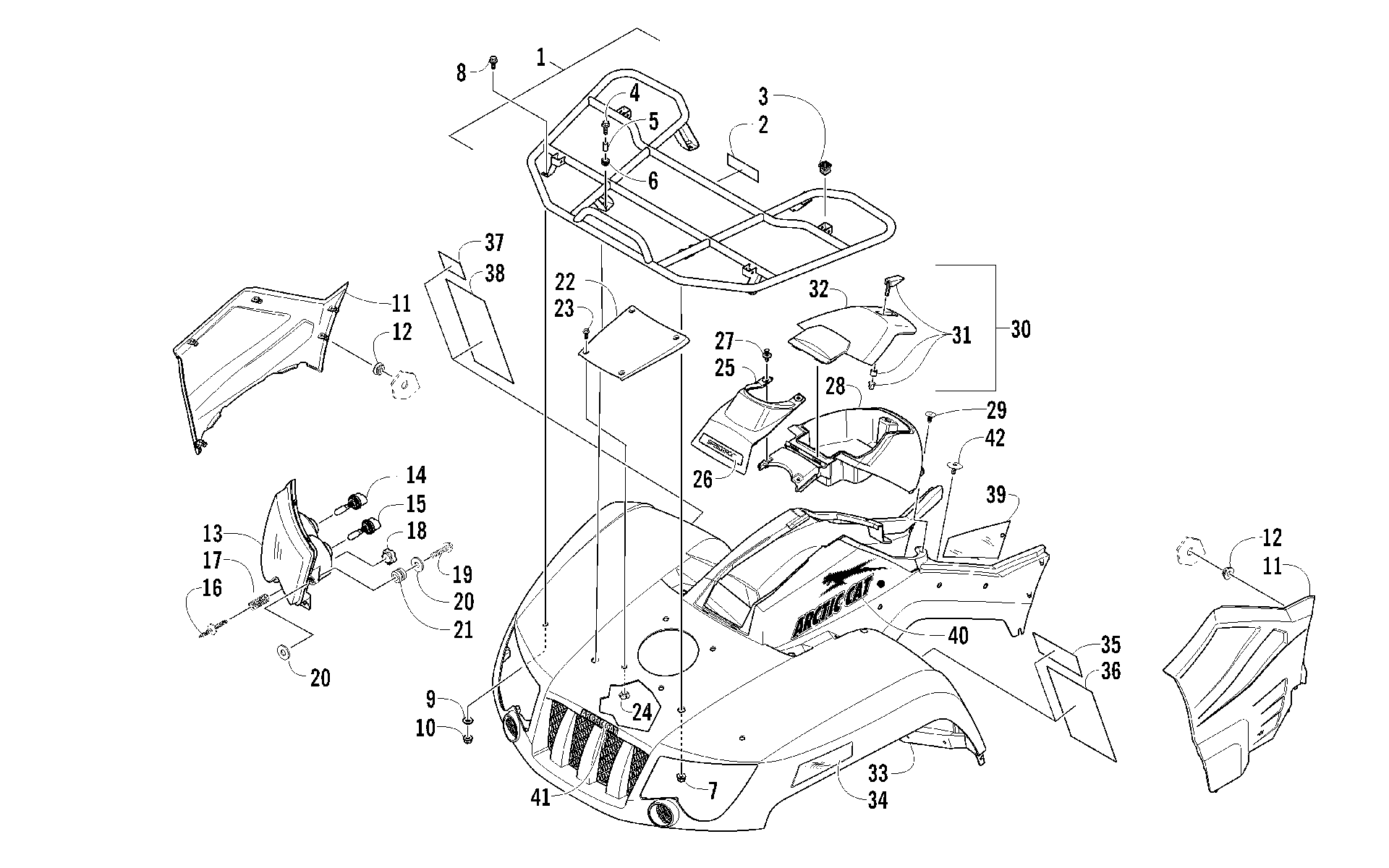Передняя часть RACK, BODY PANEL, AND HEADLIGHT ASSEMBLIES [92778]