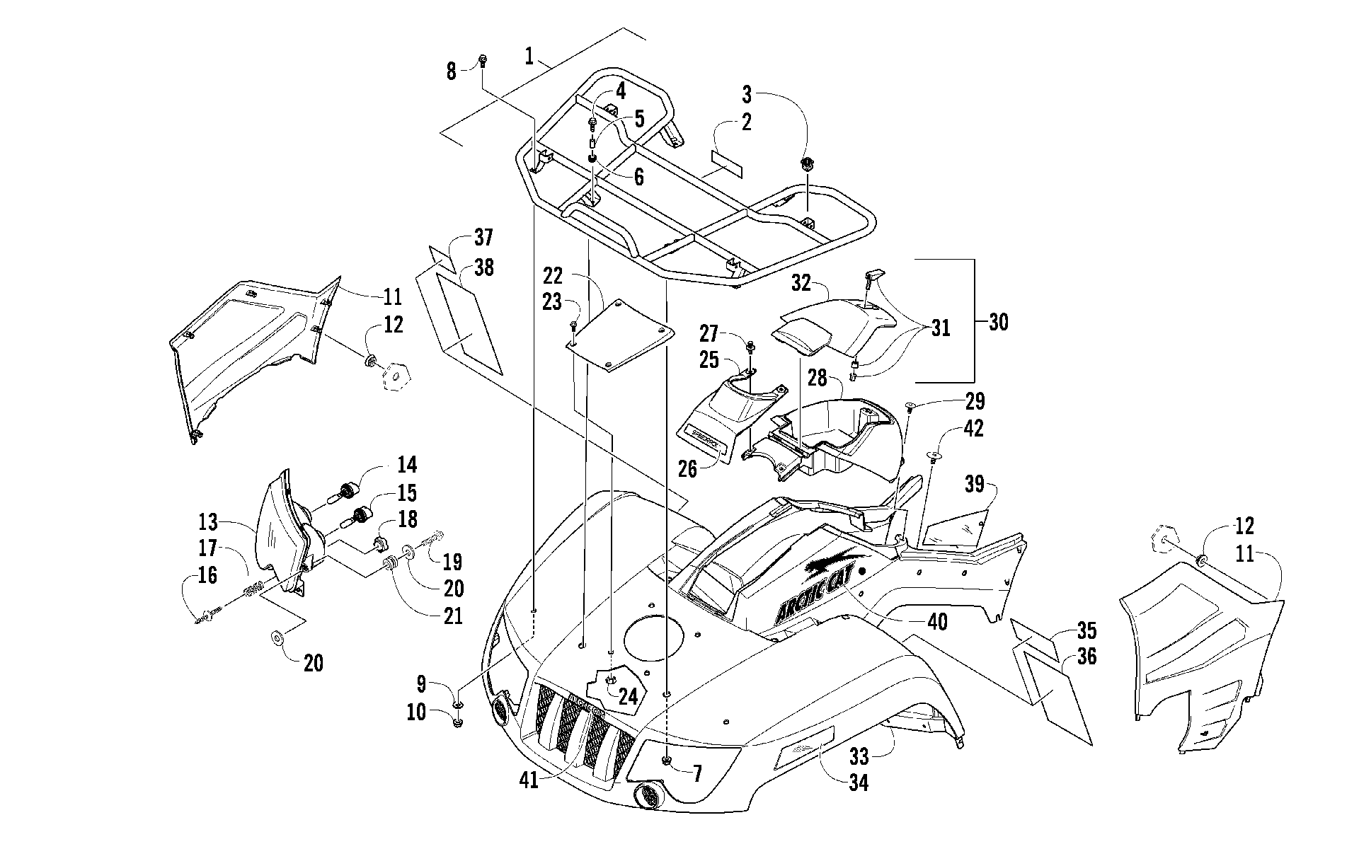 Передняя часть RACK, BODY PANEL, AND HEADLIGHT ASSEMBLIES [92138]
