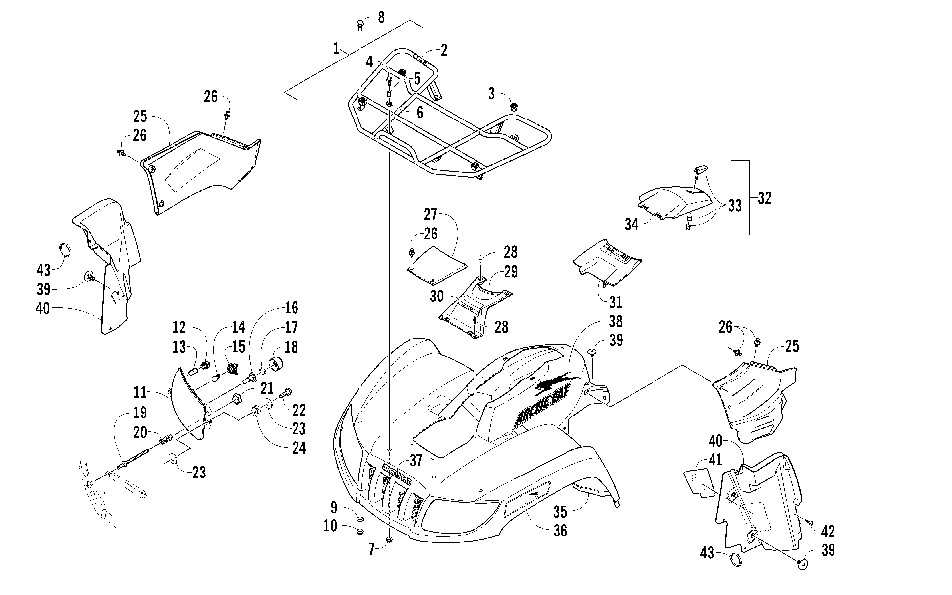 Передняя часть RACK, BODY PANEL, AND HEADLIGHT ASSEMBLIES [96184]