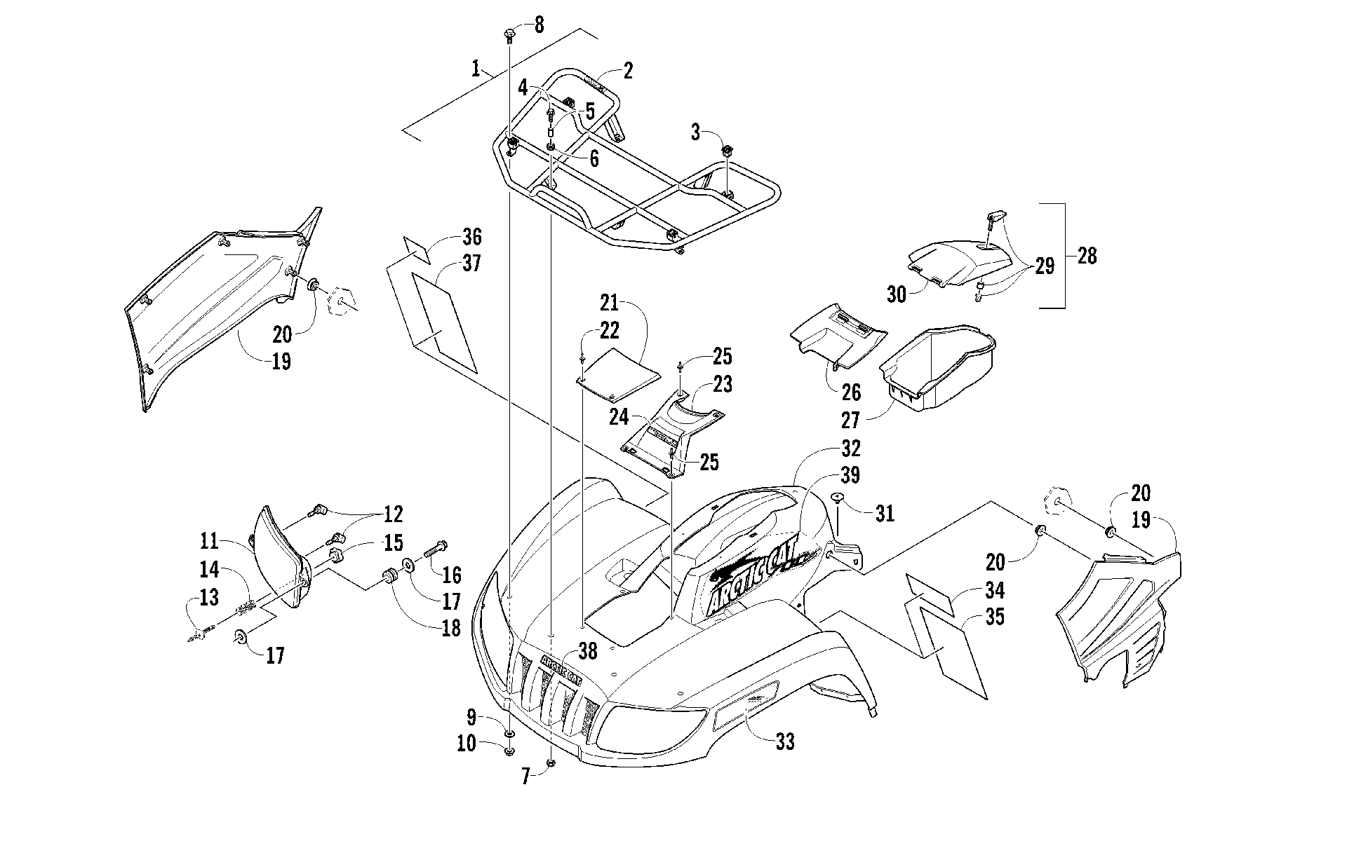 Передняя часть RACK, BODY PANEL, AND HEADLIGHT ASSEMBLIES [92668]