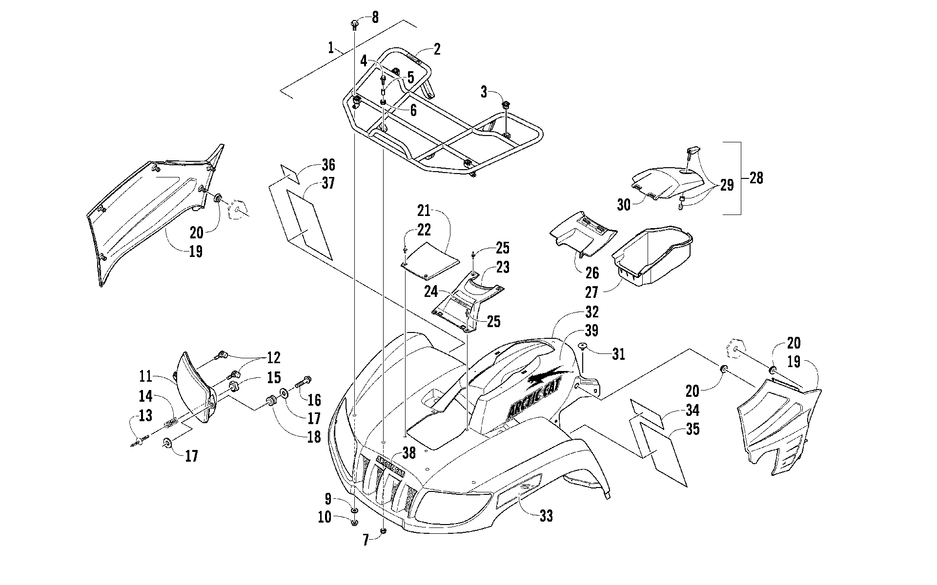 Передняя часть RACK, BODY PANEL, AND HEADLIGHT ASSEMBLIES [91997]