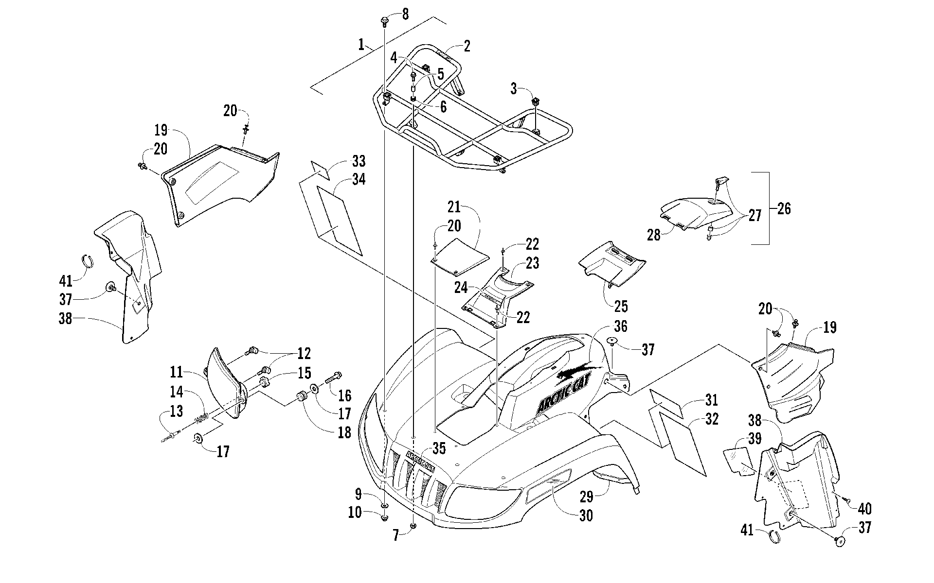 Передняя часть RACK, BODY PANEL, AND HEADLIGHT ASSEMBLIES [92821]