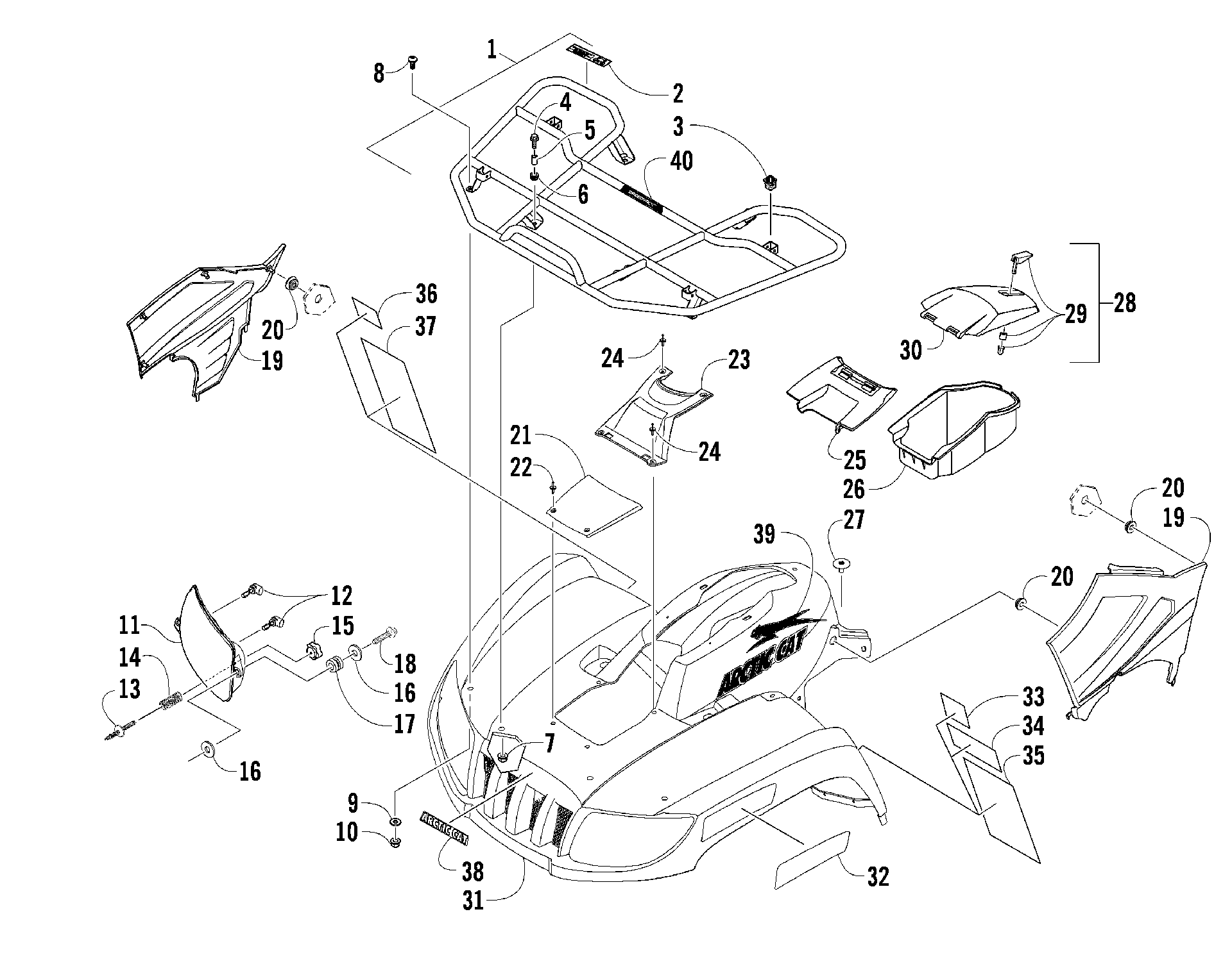 Передняя часть RACK, BODY PANEL, AND HEADLIGHT ASSEMBLIES [88989]