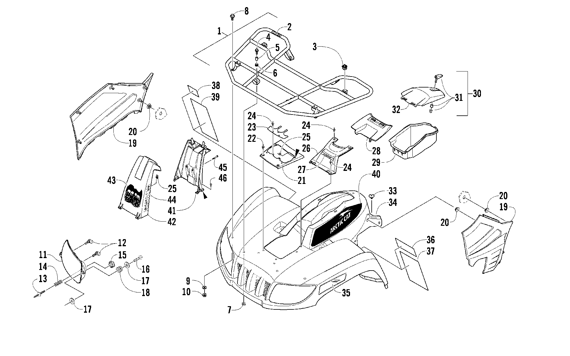 Передняя часть RACK, BODY PANEL, AND HEADLIGHT ASSEMBLIES [92084]