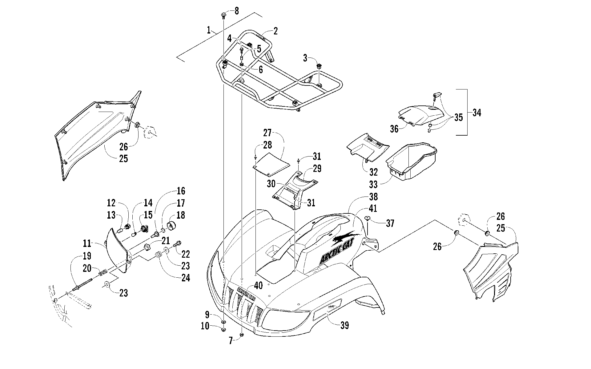 Передняя часть RACK, BODY PANEL, AND HEADLIGHT ASSEMBLIES [96221]