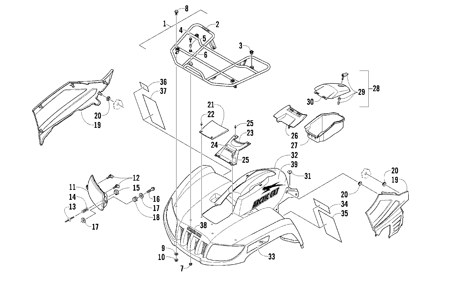 Передняя часть RACK, BODY PANEL, AND HEADLIGHT ASSEMBLIES [92388]