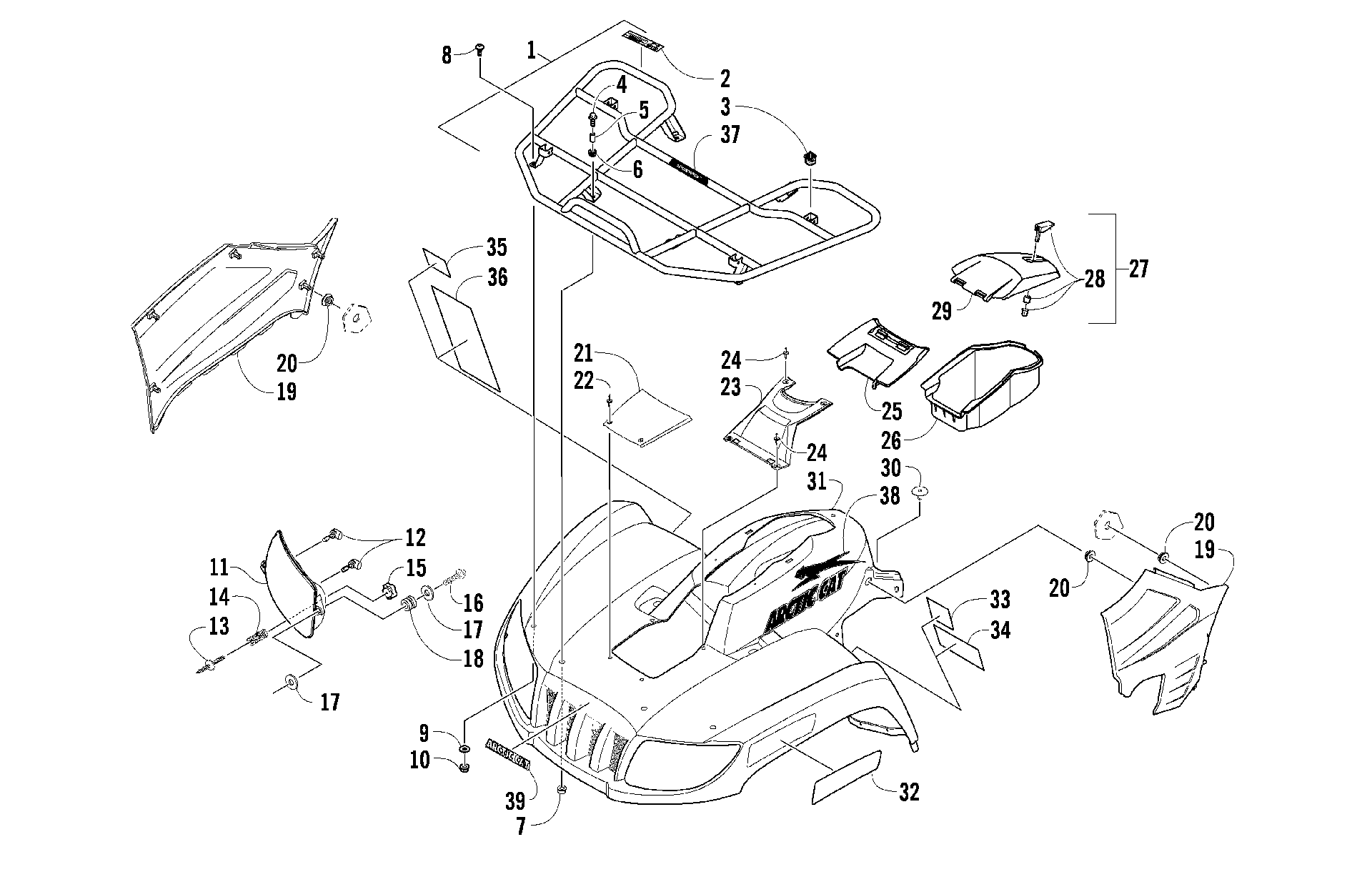 Передняя часть RACK, BODY PANEL, AND HEADLIGHT ASSEMBLIES [90844]