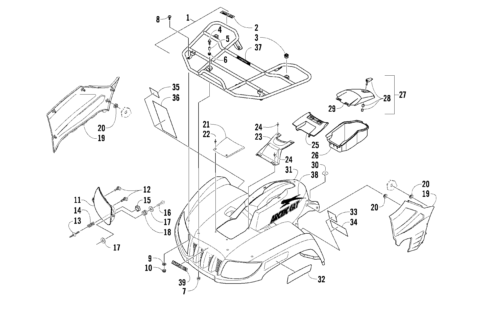 Передняя часть RACK, BODY PANEL, AND HEADLIGHT ASSEMBLIES [90723]