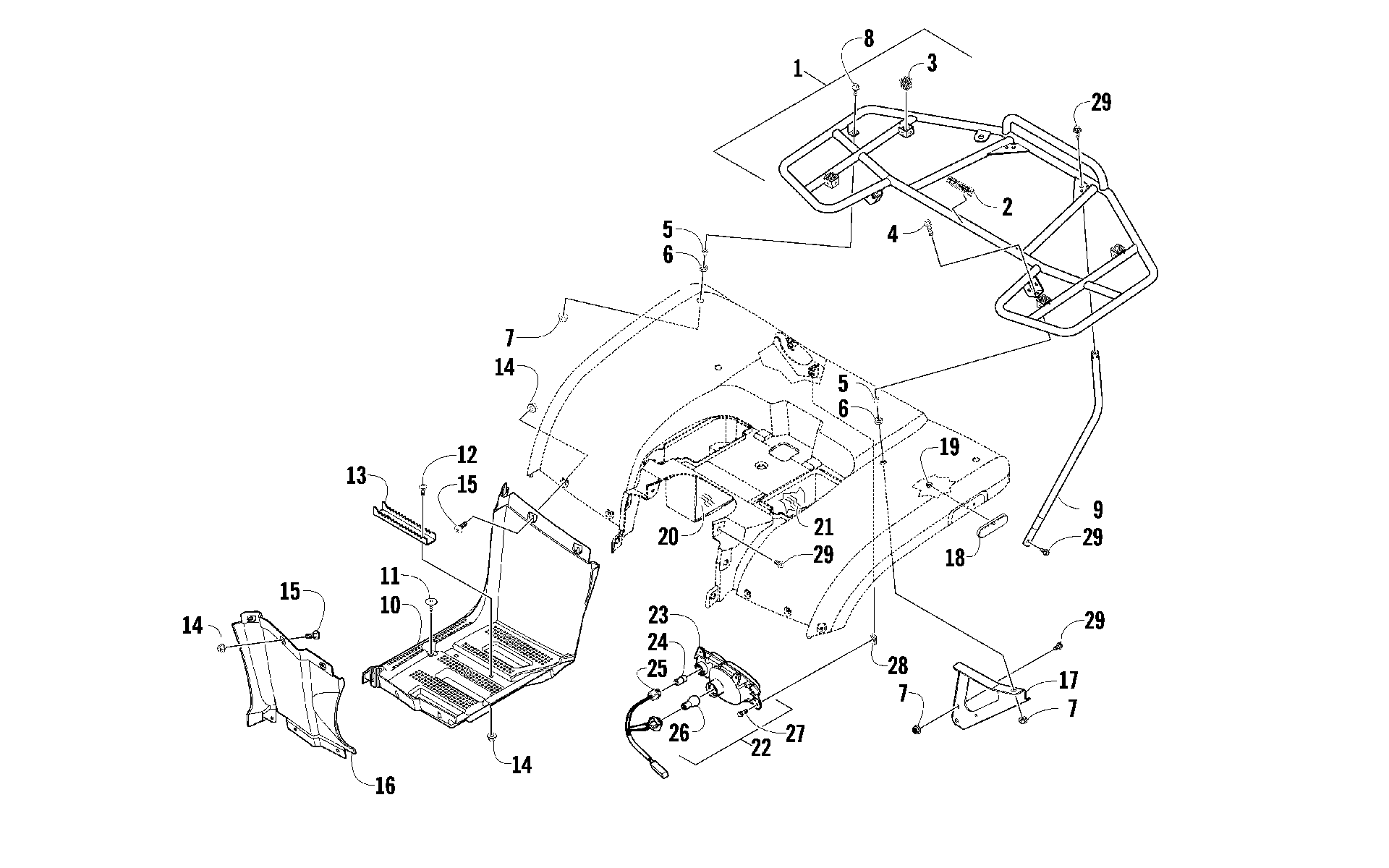 задний RACK, FOOTWELL, и TAILLIGHT узел [88815]
